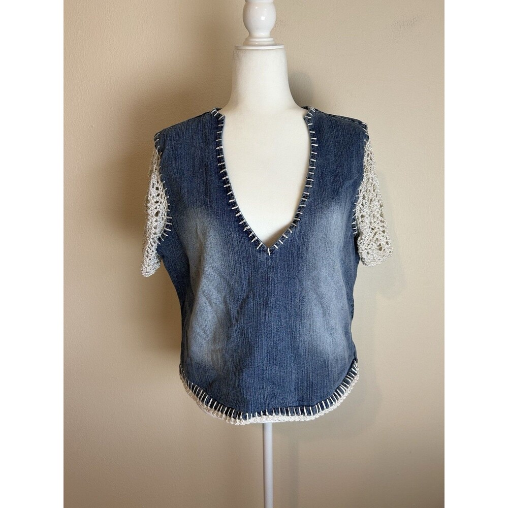 Vintage Y2K Crest Jean Denim Crochet Top Blouse Boho Women's XL Shirt Western